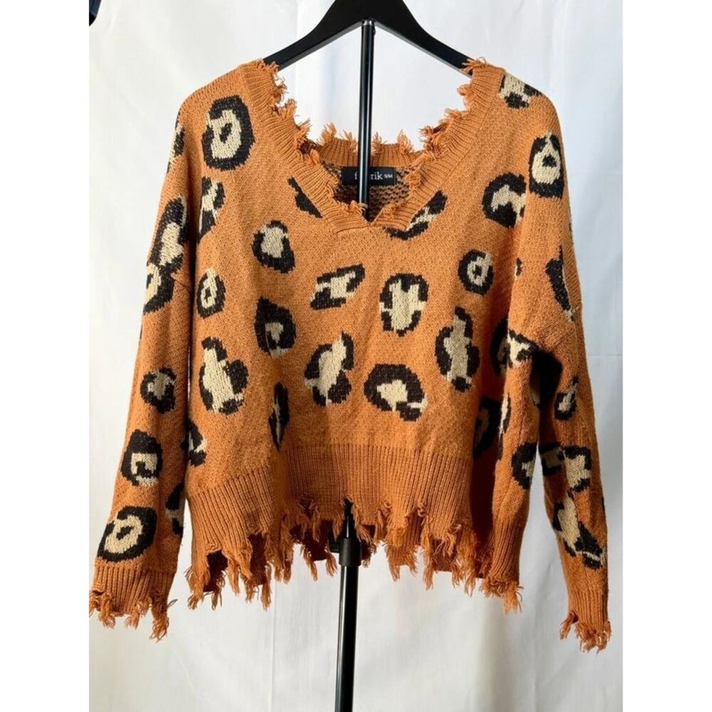 fab’rik Leopard Print Distressed Sweater S/M Rust Orange Animal Print